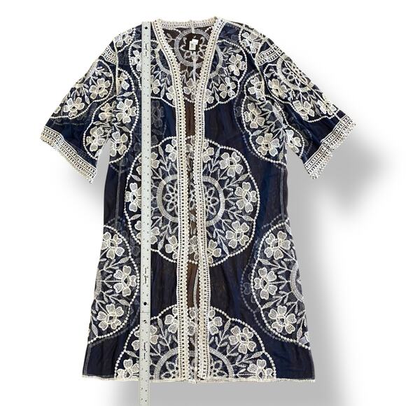 Janice Apparel NWT Vintage Style Navy Blue Embroidered Lace Kimono OS Boho - Picture 4 of 10